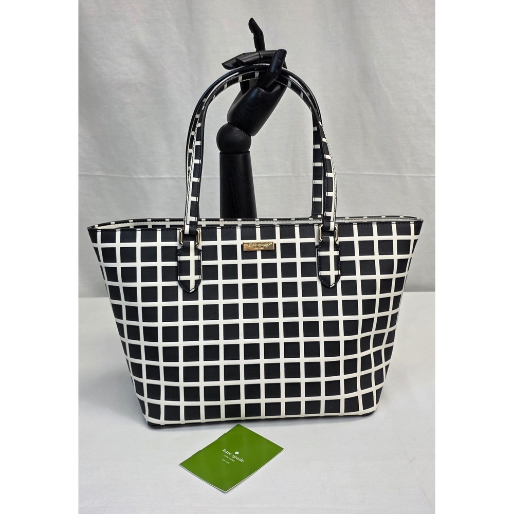 Kate Spade New York Windowpane Grid Tote Bag Black White Saffiano Leather ZipTop